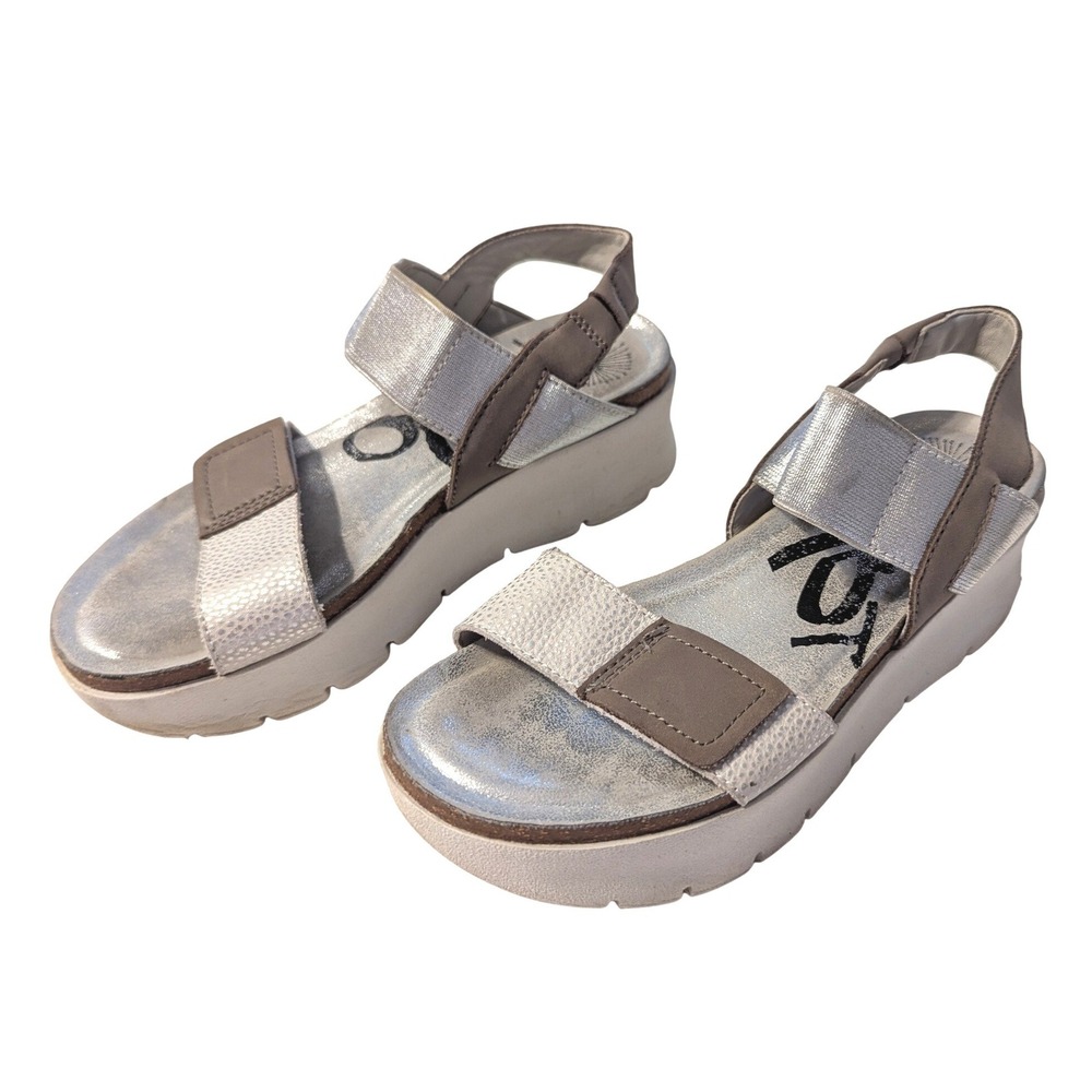 OTBT Womens 6 Nova Metallic Silver Platform Sandals Gray Leather Strappy Wedge